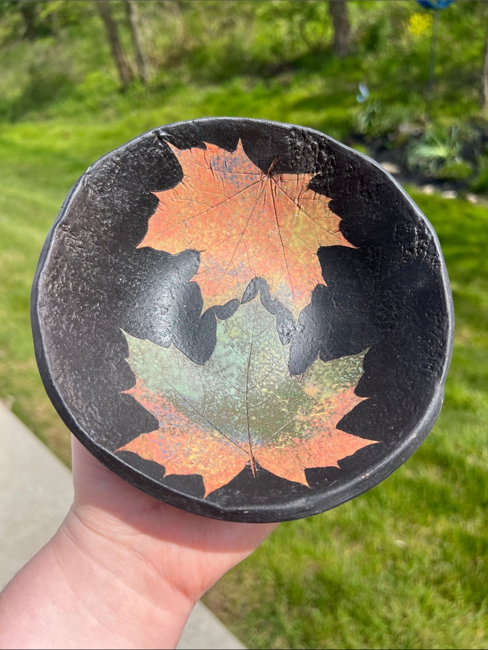 Handcrafted Slate Black Decorative Bowl Studio Pottery Leaf Impression Design